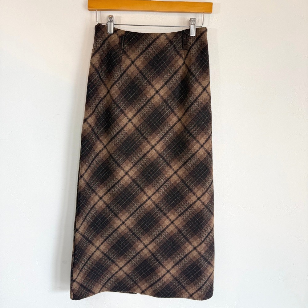 See U Soon Plaid Midi Skirt Brown Tartan Dark Academia Preppy 90s Grunge Size 2